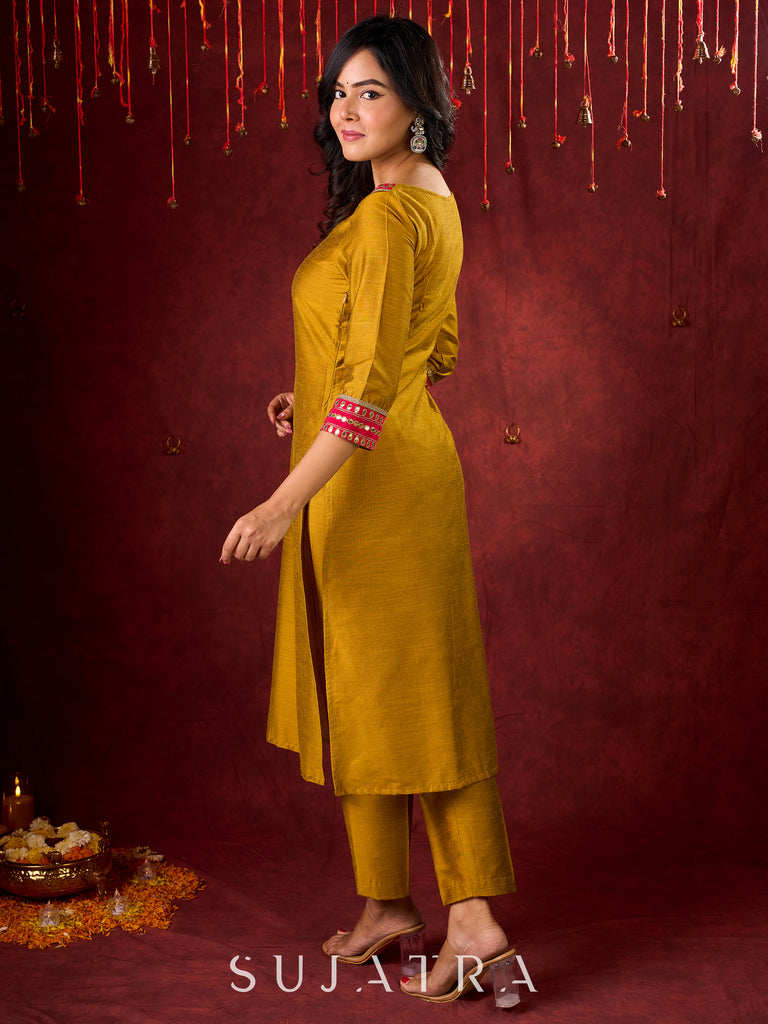 Vibrant Mustard Cotton-Silk Kurta with Pink Highlights & Subtle Gota Patti Work