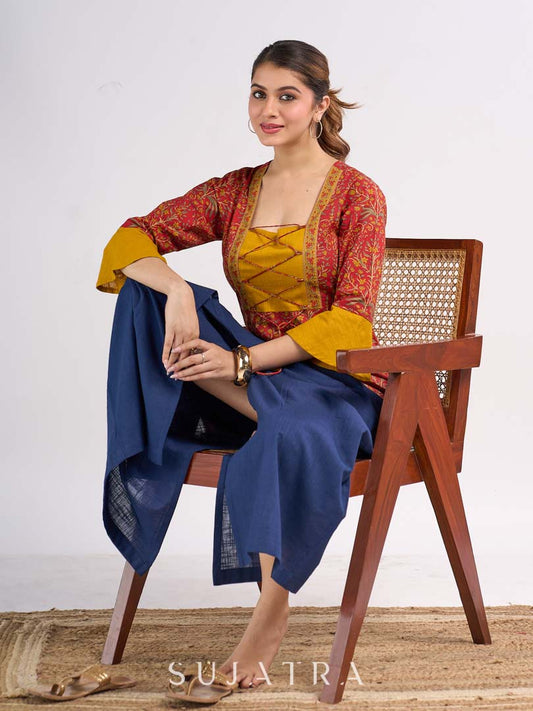 Red Floral Printed Top with Mustard Yoke and Statement Tie Up Design