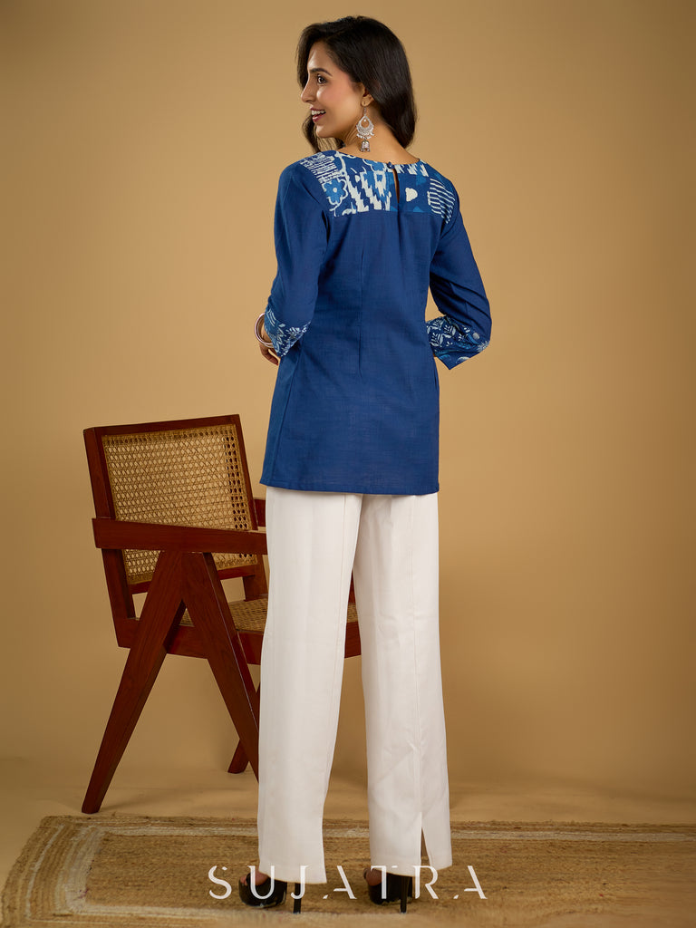 Classic indigo cotton patchwork top with  subtle pearl highlights