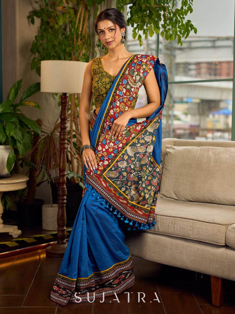 Handcrafted Blue Cotton Saree with Gond Painting & Multicolor Ikat & Kalamkari Border