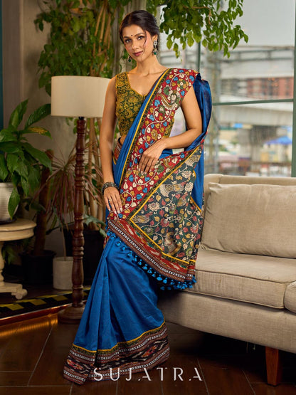 Handcrafted Blue Cotton Saree with Gond Painting & Multicolor Ikat & Kalamkari Border