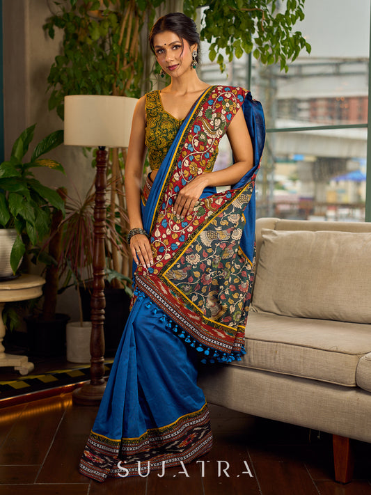 Handcrafted Blue Cotton Saree with Gond Painting & Multicolor Ikat & Kalamkari Border