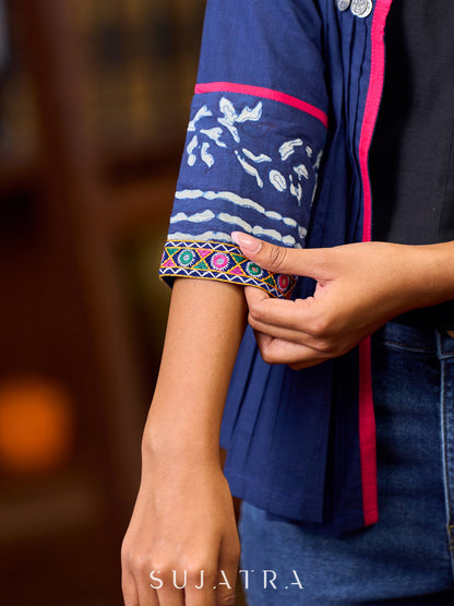 Bohemian Indigo Cotton Jacket Adorned With Pleats, Vibrant Mirror Lace And Pink Accents
