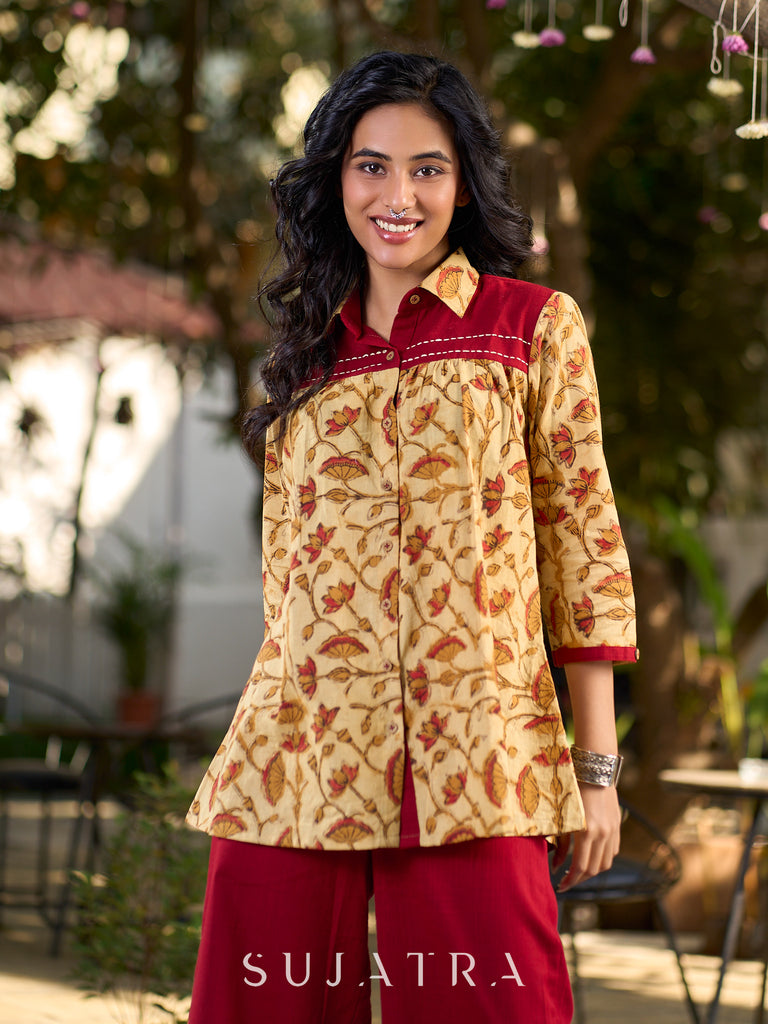 Artisan Jaipuri Printed Floral Cotton Shirt with Contrast Yoke and Soft Gathers