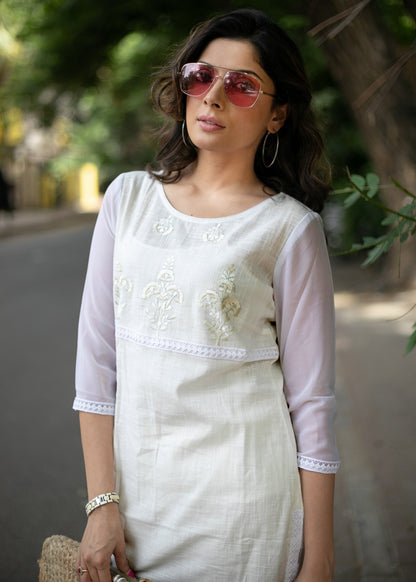 Classy White Cotton Kurta with Front Embroidery and Lace Detailing - Pant Optional