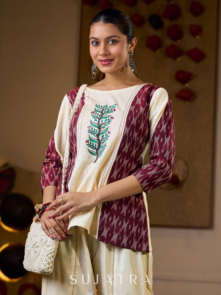 Ivory Cotton Flex Top with Maroon Ikat Panels and Hand Painted Gond Motif