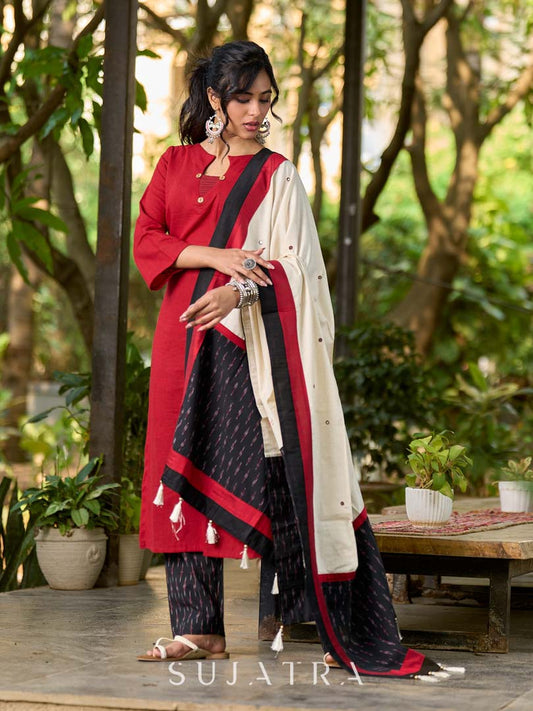Luxe Off White Cotton Dupatta with Ikat Pallu & Minimal Hand Embroidery