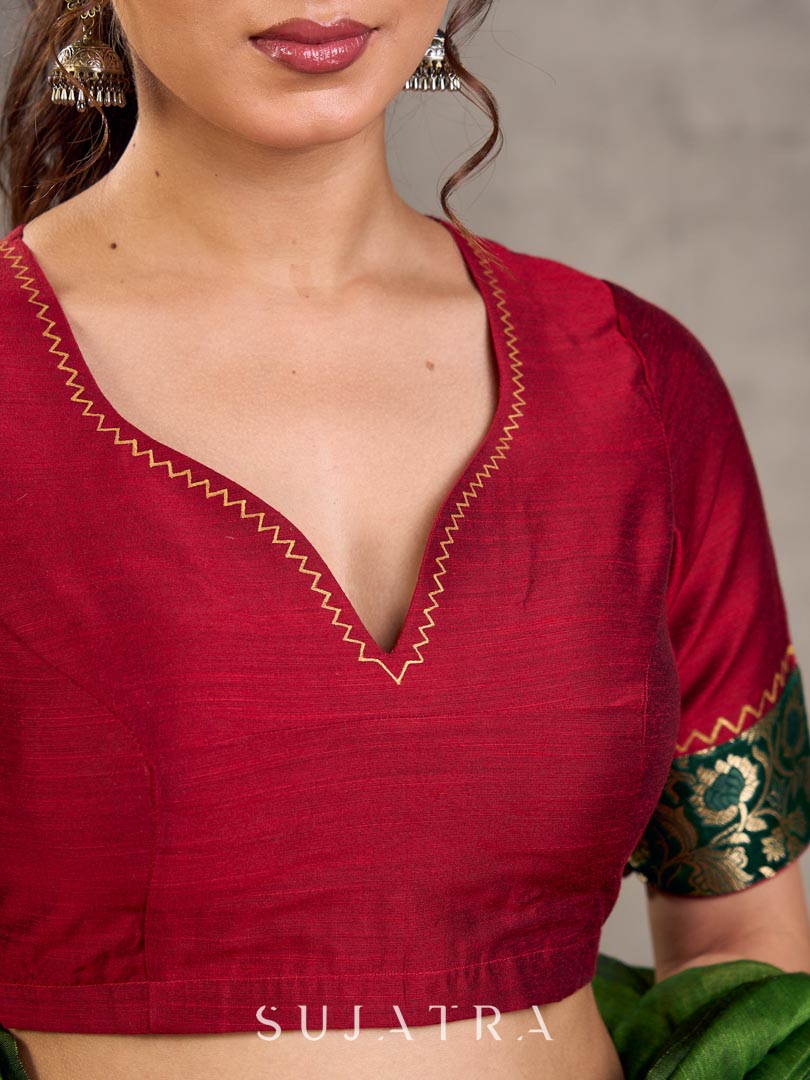 Maroon Cotton Silk Blouse with Zigzag Hand Painted Neckline and Floral Benarasi Brocade Cuff Detail