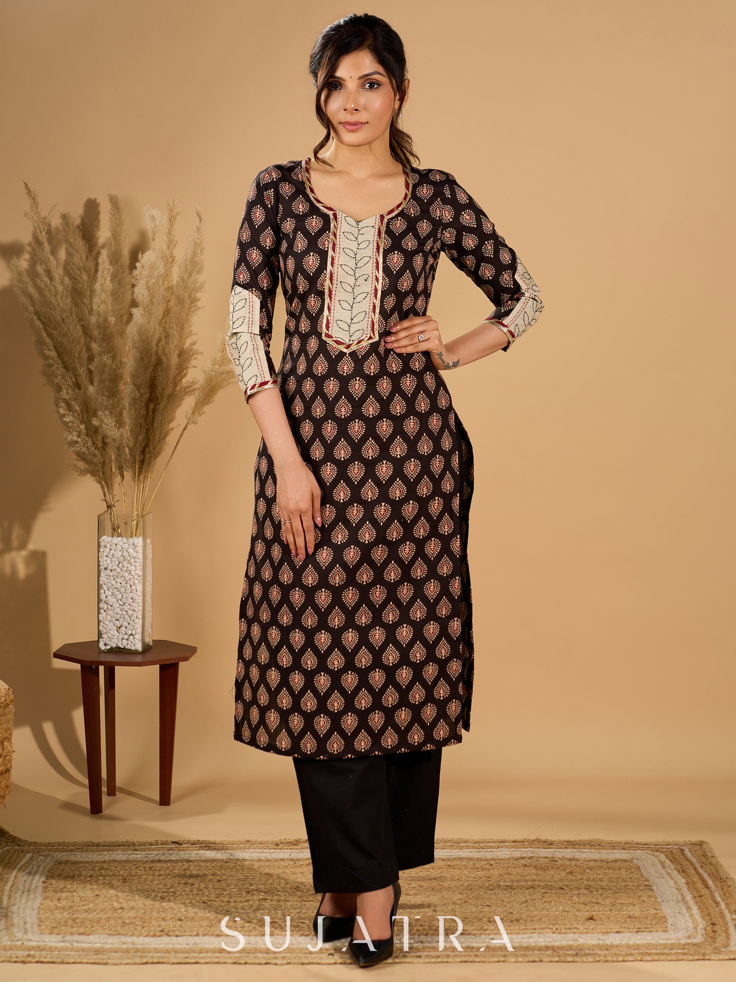 Artisan Noir Kurta Set with Intricate Appliqué & Kantha Work Silk Dupatta