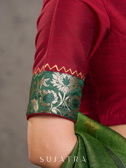 Maroon Cotton Silk Blouse with Zigzag Hand Painted Neckline and Floral Benarasi Brocade Cuff Detail