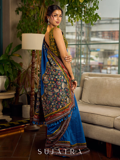 Handcrafted Blue Cotton Saree with Gond Painting & Multicolor Ikat & Kalamkari Border
