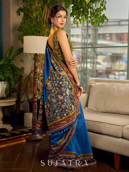 Handcrafted Blue Cotton Saree with Gond Painting & Multicolor Ikat & Kalamkari Border