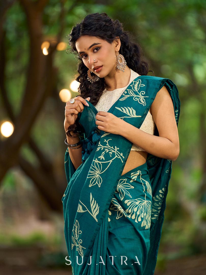 Elegant Rama Green Cotton Saree with Delicate Floral Hand Block Print