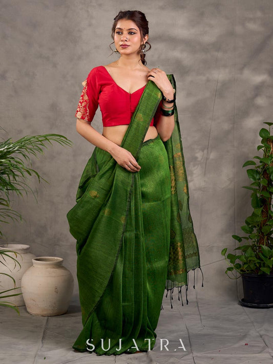 Ethereal Green Linen Saree with Gold Zari Butti