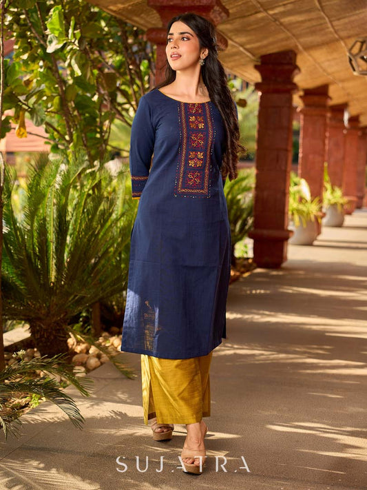 Contemporary Navy Cotton Kurta with Traditional Panel Thread Work