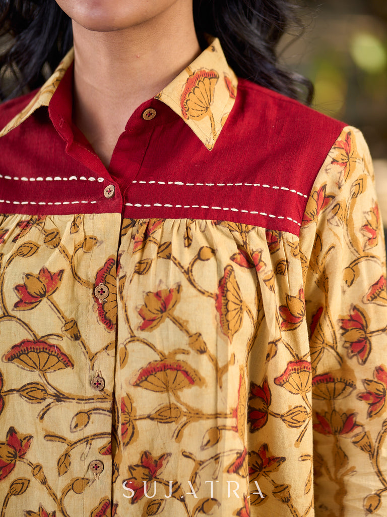 Artisan Jaipuri Printed Floral Cotton Shirt with Contrast Yoke and Soft Gathers