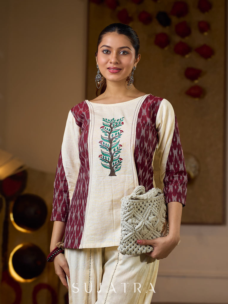 Ivory Cotton Flex Top with Maroon Ikat Panels and Hand Painted Gond Motif