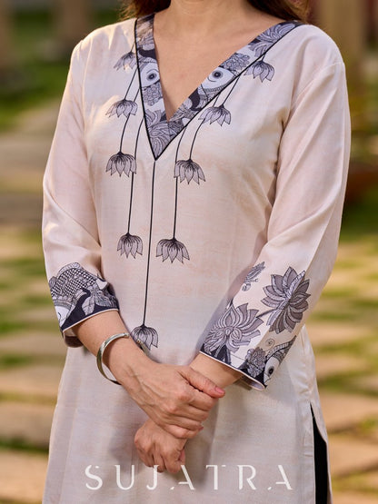 Artisanal cream kurta showcasing Madhubani fish and peacock motifs enhanced with bold black accents