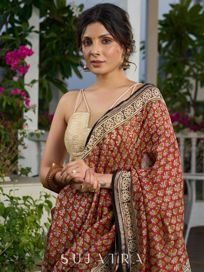 Chanderi hand block-printed saree in heritage florals, stripes, and golden grandeur