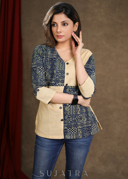 Beige Cotton Ajrak Combination Top