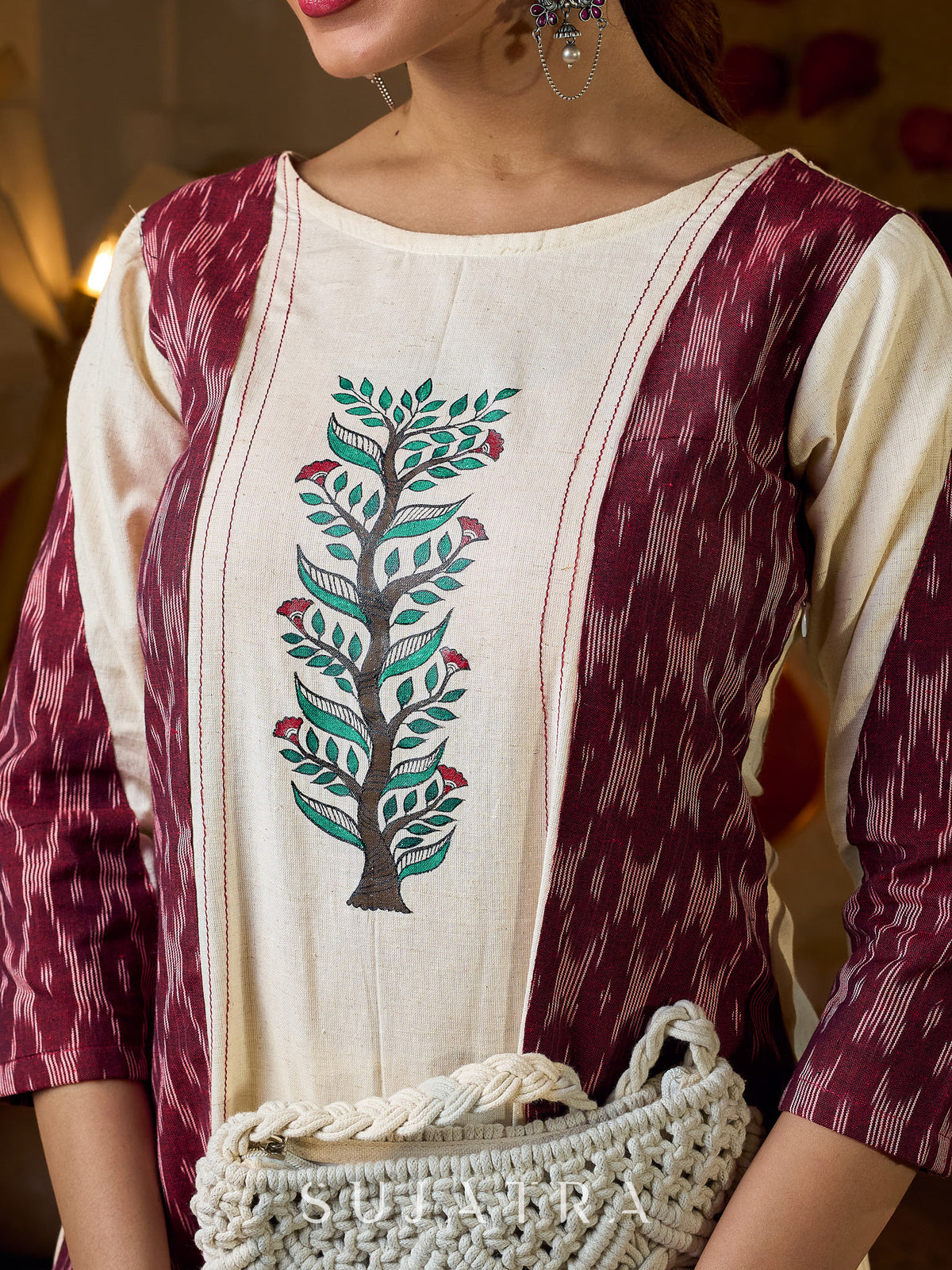 Ivory Cotton Flex Top with Maroon Ikat Panels and Hand Painted Gond Motif - Pant Optional