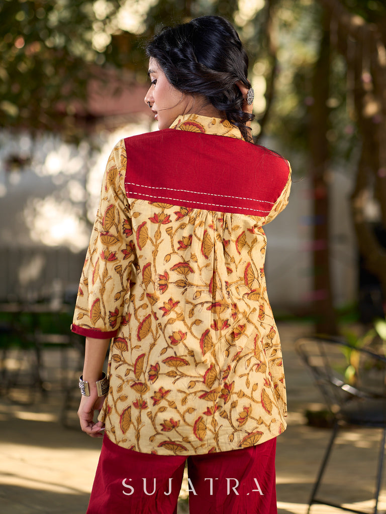 Artisan Jaipuri Printed Floral Cotton Shirt with Contrast Yoke and Soft Gathers