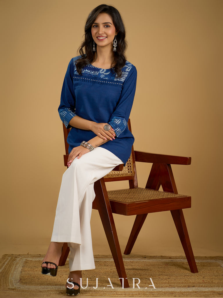 Classic indigo cotton patchwork top with  subtle pearl highlights