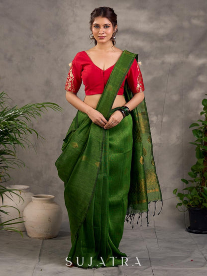Red Cotton Silk Blouse with Floral Benarasi Brocade Panel on Sleeves and V Neckline