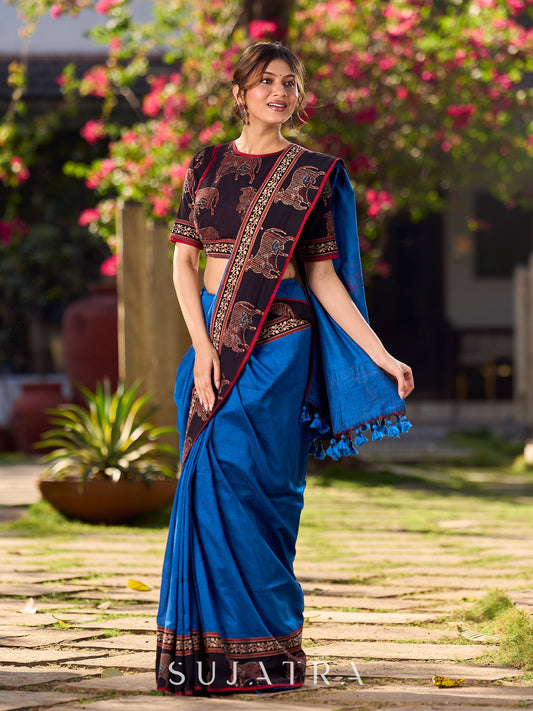 Chic Blue Saree with Pichwai Printed Border & Applique Work in Pallu