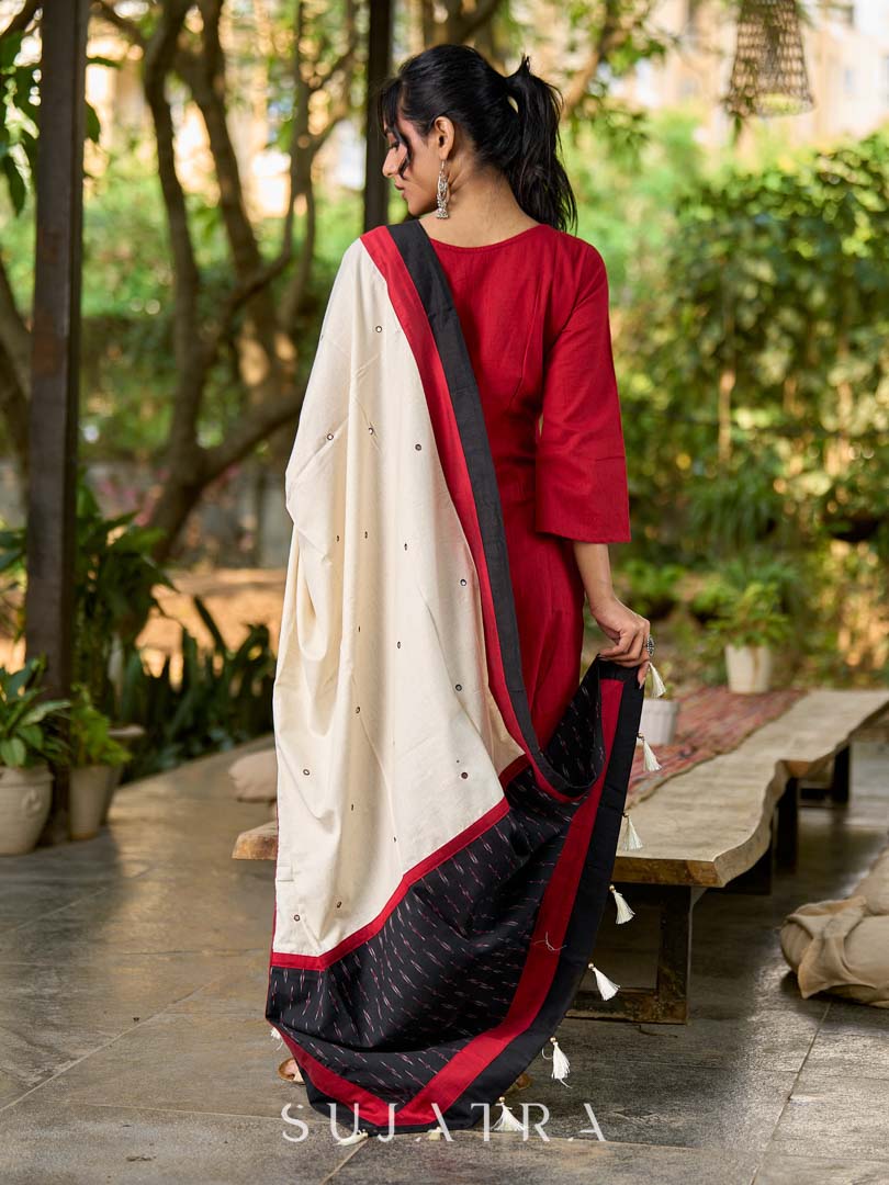 Luxe Off White Cotton Dupatta with Ikat Pallu & Minimal Hand Embroidery