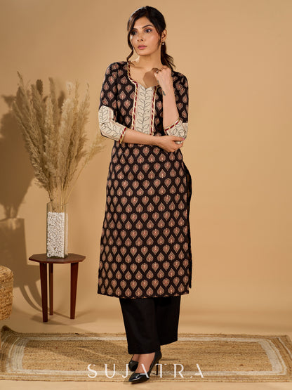 Artisan Noir Kurta Set with Intricate Appliqué & Kantha Work Silk Dupatta