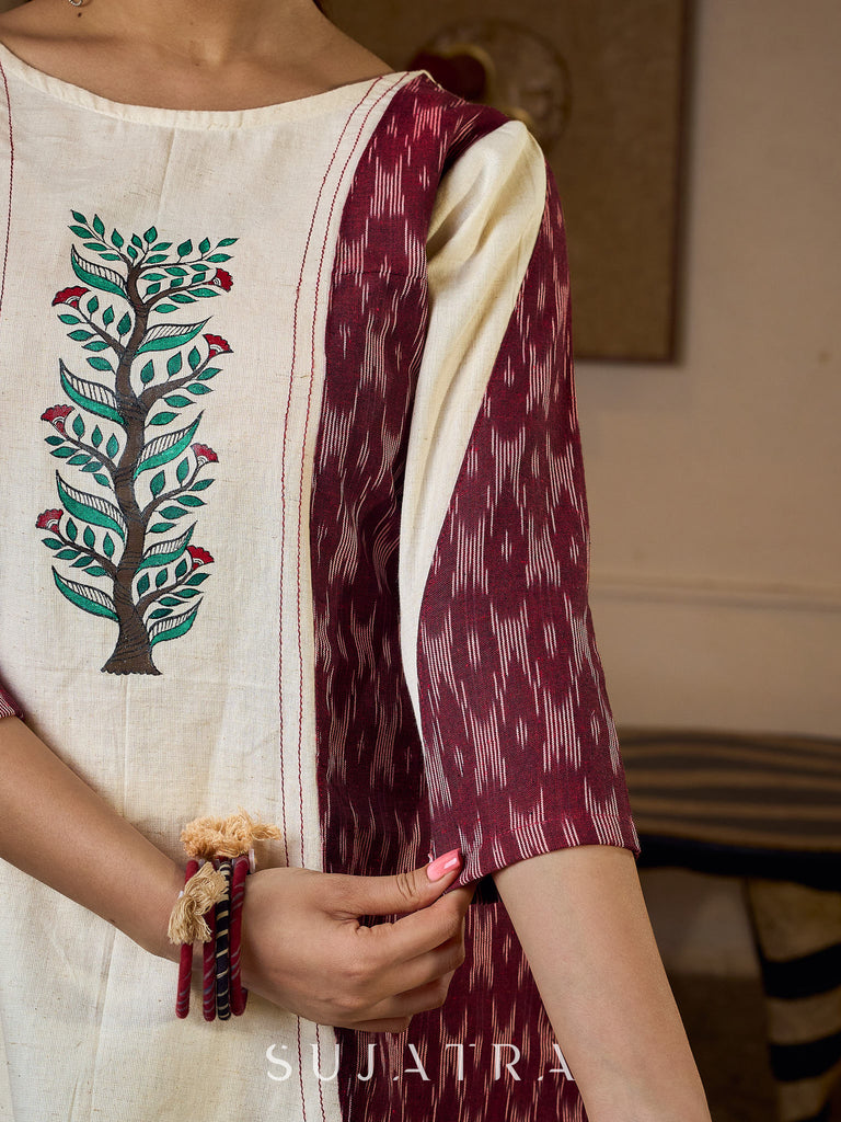 Ivory Cotton Flex Top with Maroon Ikat Panels and Hand Painted Gond Motif