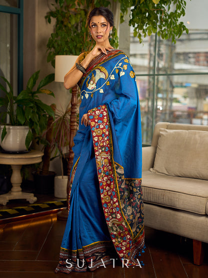 Handcrafted Blue Cotton Saree with Gond Painting & Multicolor Ikat & Kalamkari Border