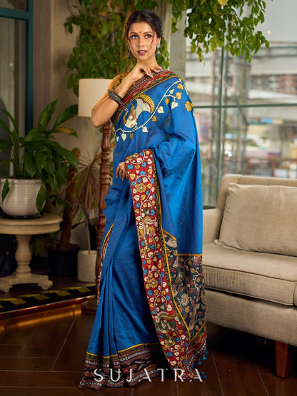 Handcrafted Blue Cotton Saree with Gond Painting & Multicolor Ikat & Kalamkari Border