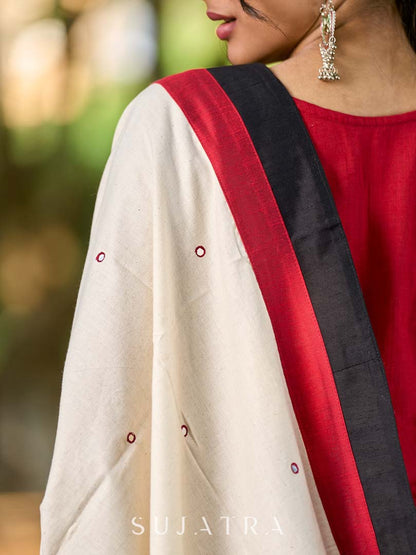Luxe Off White Cotton Dupatta with Ikat Pallu & Minimal Hand Embroidery