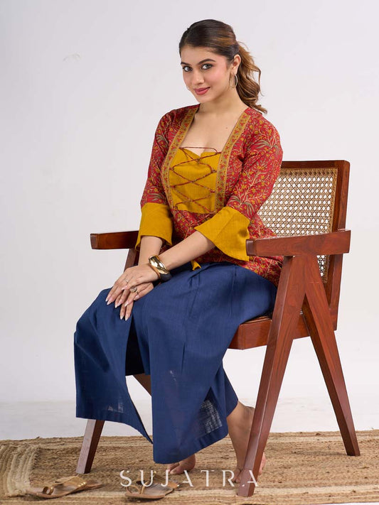 Red Floral Printed Top with Mustard Yoke and Statement Tie Up Design
