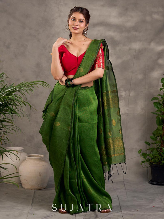 Ethereal Green Linen Saree with Gold Zari Butti