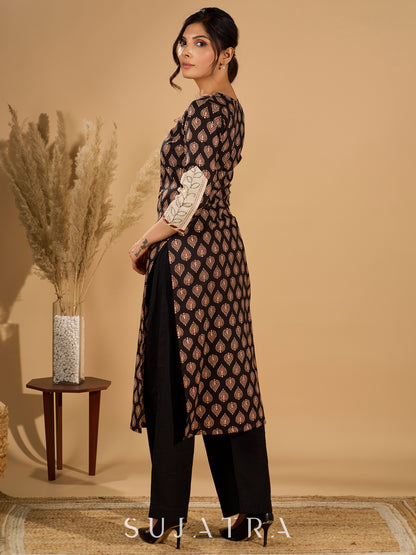 Artisan Noir Kurta Set with Intricate Appliqué & Kantha Work Silk Dupatta