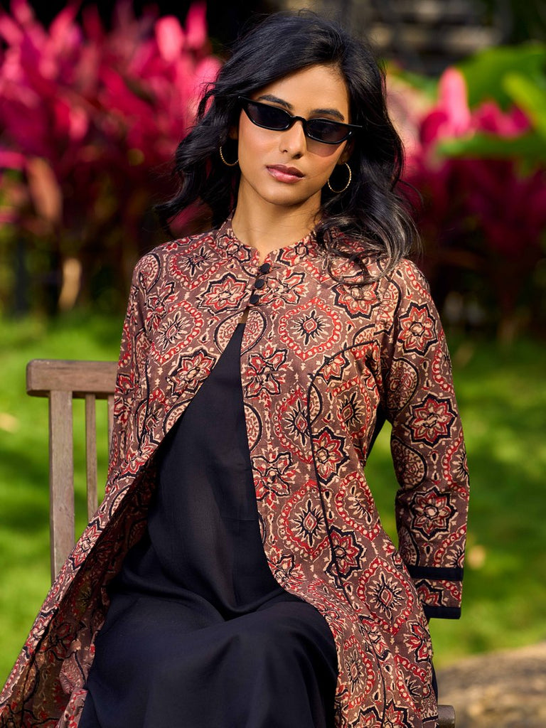 Graceful Black Rayon A-Line Dress with Handcrafted Ajrakh Attached Jacket and Mandarin Collar