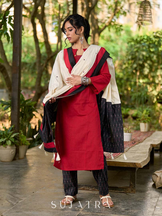Luxe Off White Cotton Dupatta with Ikat Pallu & Minimal Hand Embroidery