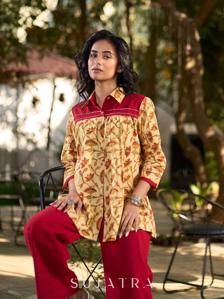 Artisan Jaipuri Printed Floral Cotton Shirt with Contrast Yoke and Soft Gathers