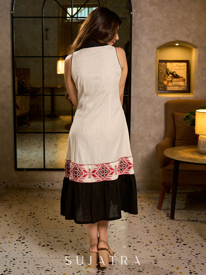 Ivory Cotton Flex Dress with Contrast Collar and Patola Inspired Hand Block Printed Border