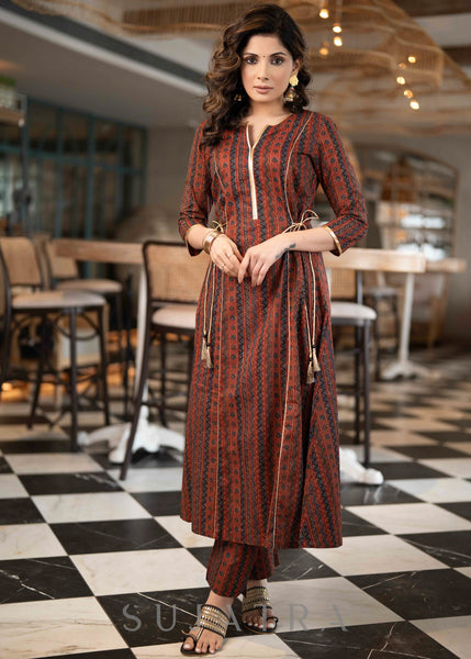 Trendy Maroon Printed A Line Kurta With Side Gold Dori Detailing