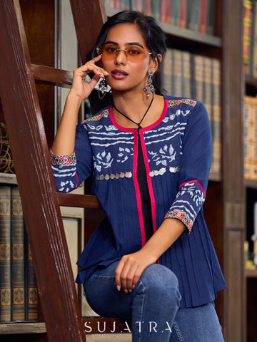 Bohemian Indigo Cotton Jacket Adorned With Pleats, Vibrant Mirror Lace And Pink Accents