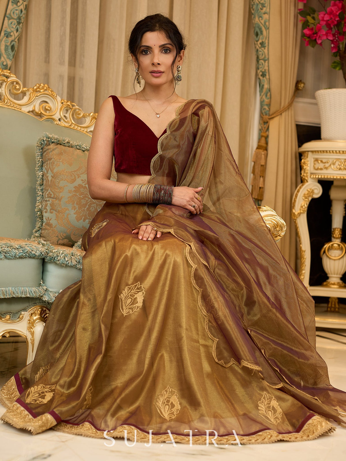 Dussehra Sale — Regal ensemble gold tissue lehenga with intricate embroidery and a stunning velvet blouse - Dupatta Optional