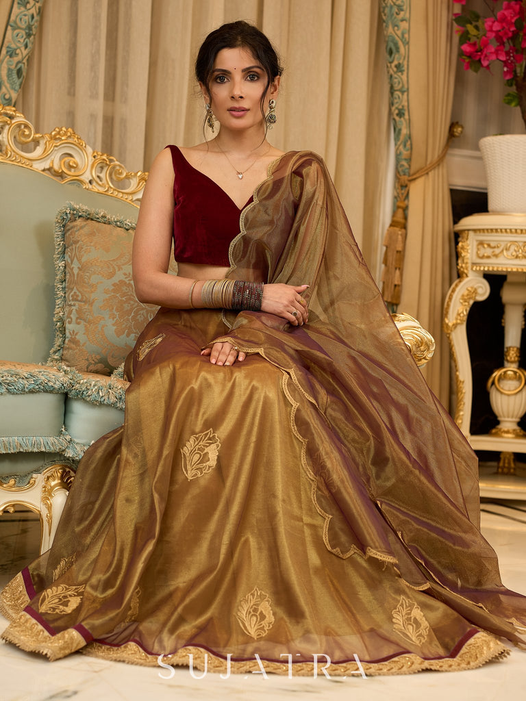 Regal ensemble gold tissue lehenga with intricate embroidery and a stunning velvet blouse  - Dupatta Optional