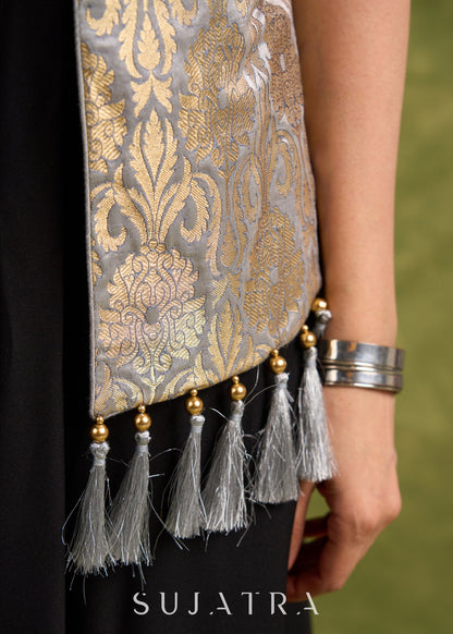 grey gold luxe brocade sleeveless jacket with tassels for elevated style - Dress optional