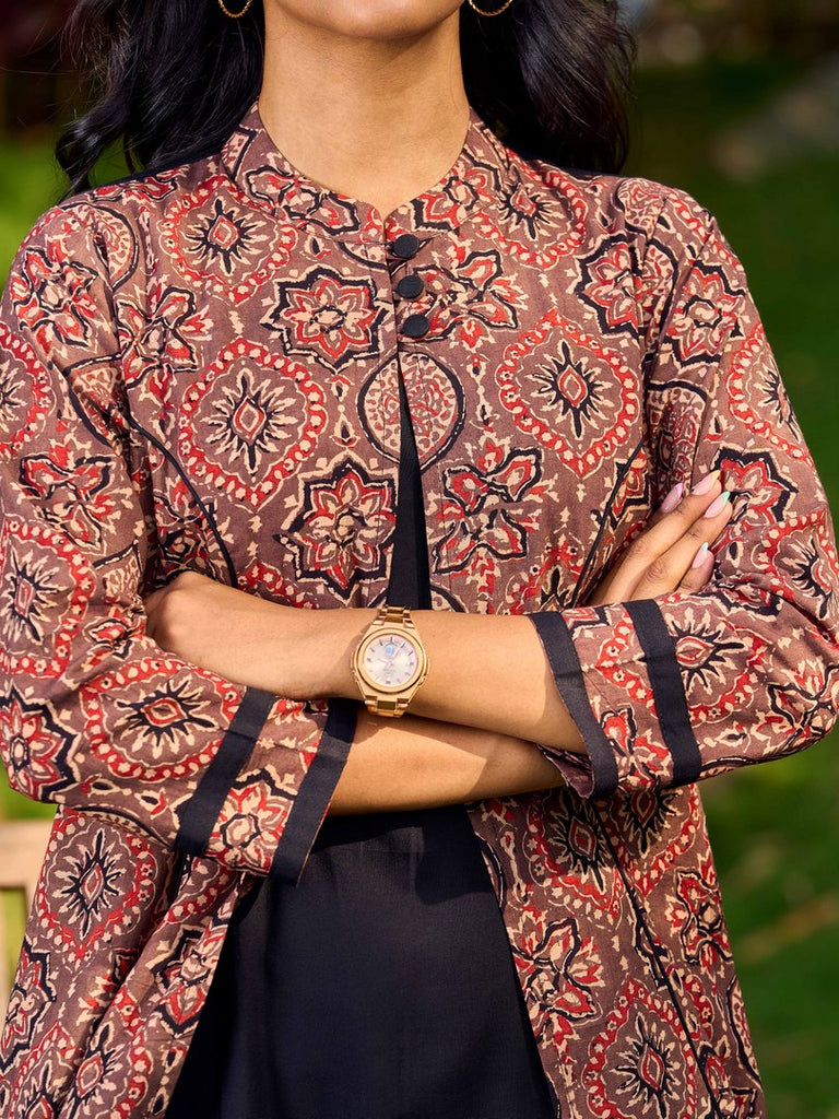 Graceful Black Rayon A-Line Dress with Handcrafted Ajrakh Attached Jacket and Mandarin Collar