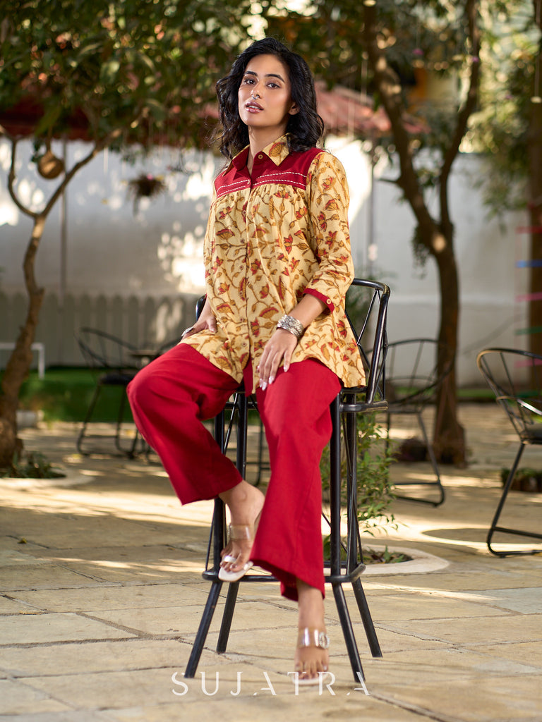 Artisan Jaipuri Printed Floral Cotton Shirt with Contrast Yoke and Soft Gathers