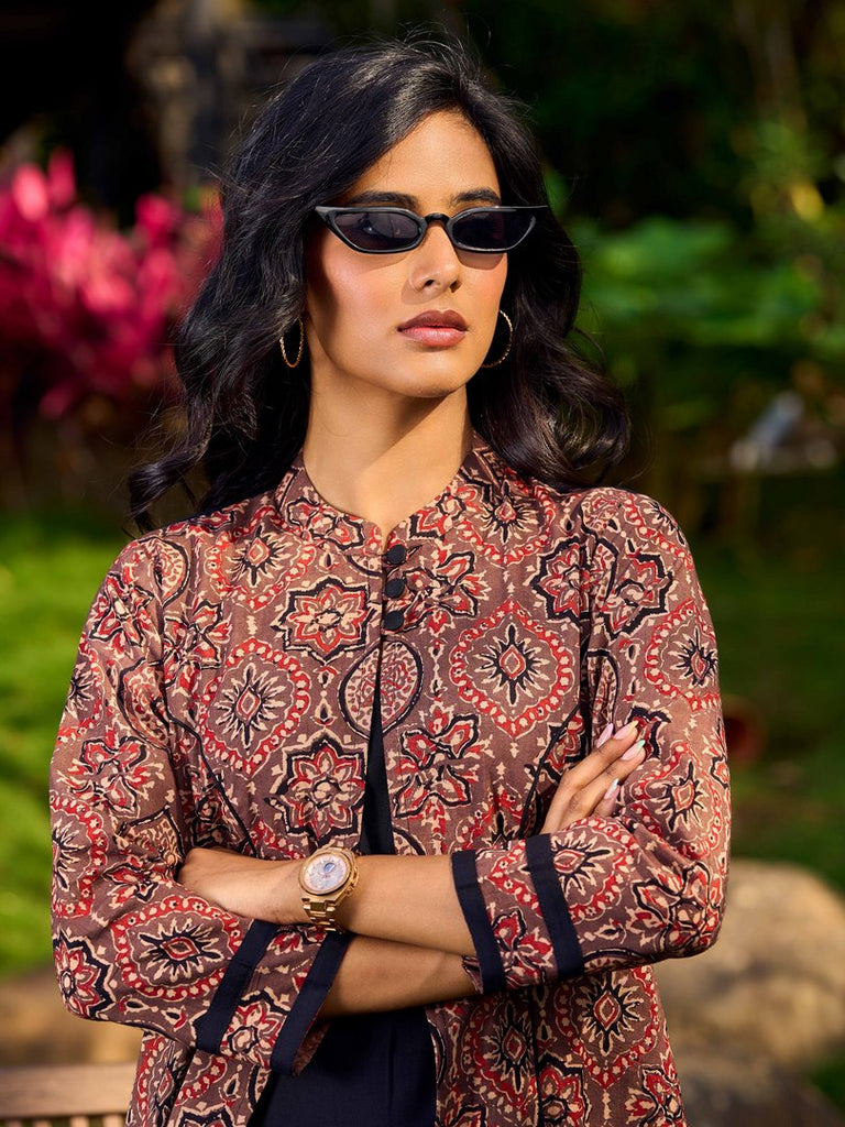 Graceful Black Rayon A-Line Dress with Handcrafted Ajrakh Attached Jacket and Mandarin Collar